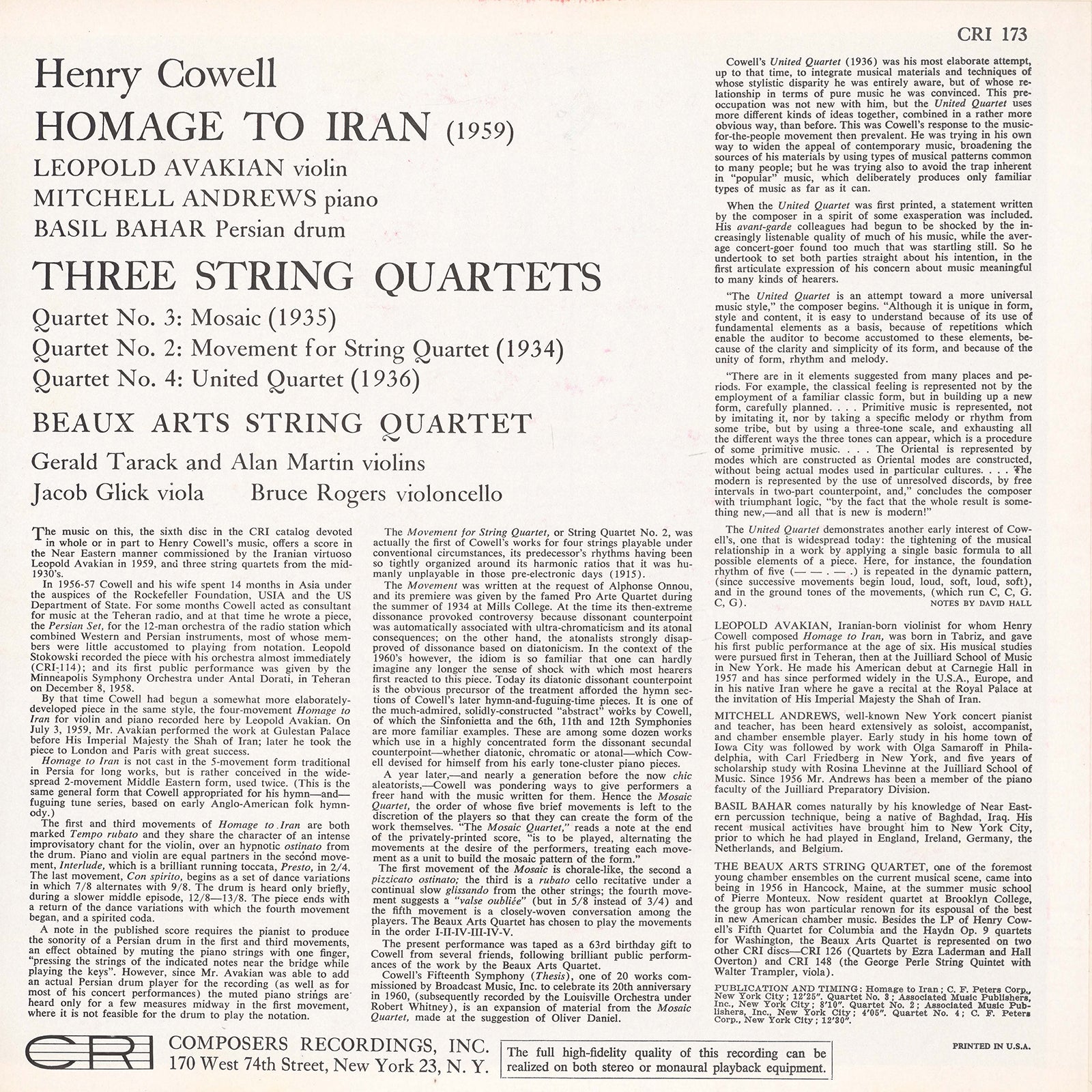 Henry Cowell: Homage to Iran & 3 Quartets – New World Records