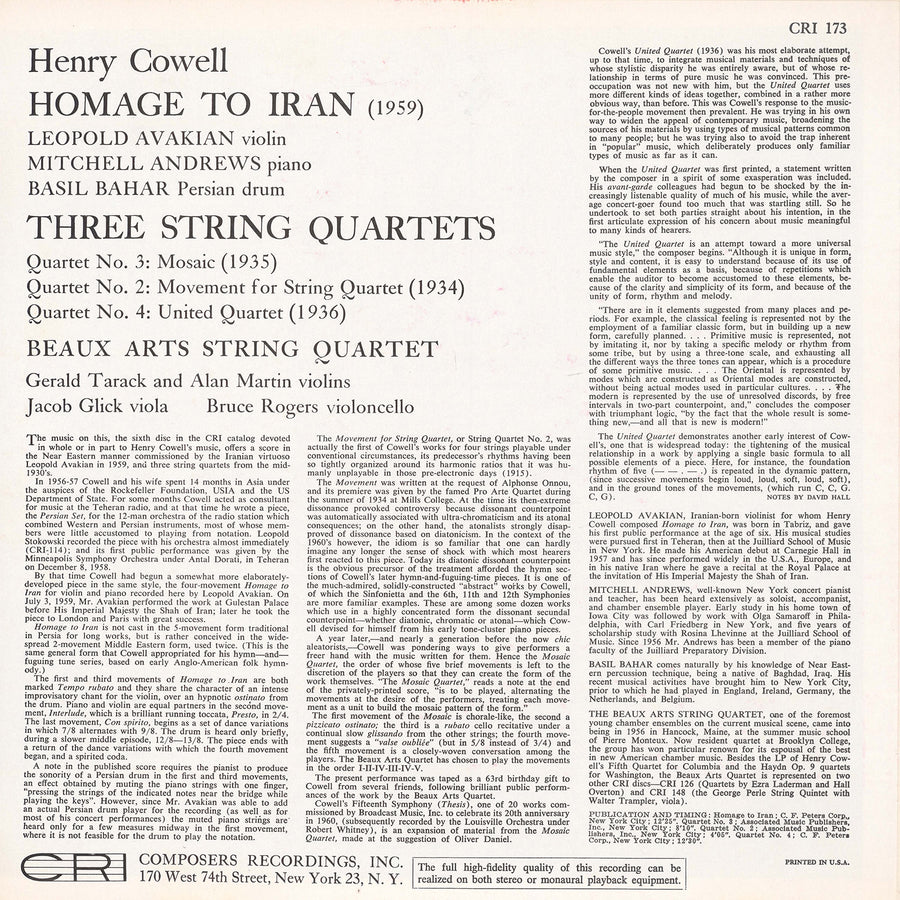 Henry Cowell: Homage to Iran & 3 Quartets