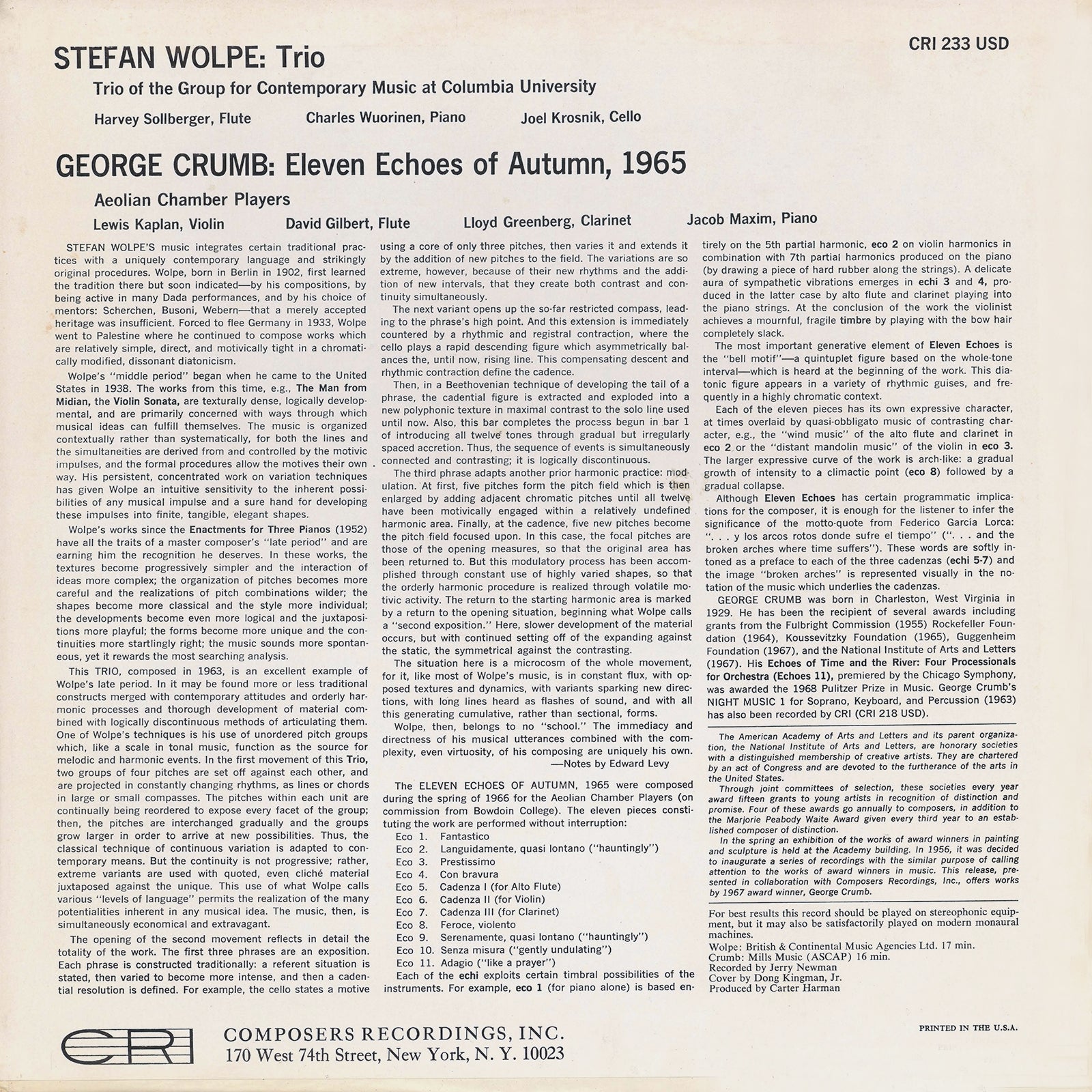 洋楽 Savvi Hueston Chronicles Wolpe: Trio - Crumb: Eleven Echoes of Autumn, 1965 – New World Records