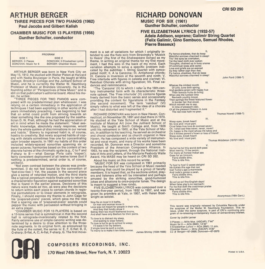 Arthur Berger & Richard Donovan: Chamber Works