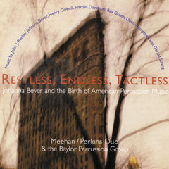 Cover art for an album entitled "Restless, Endless, Tactless: Johanna Beyer and the Birth of American Percussion Music" which features a blurred image of the Flatiron Building against a pale sky, with the branches of a Madison Square tree in the foreground.
