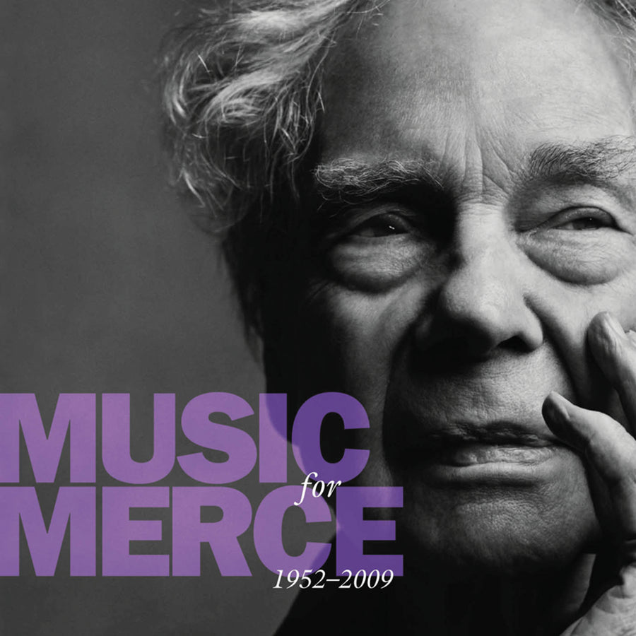 Black and white cover of the 'Music for Merce' box set featuring a close-up portrait of Merce Cunningham with text overlay.
