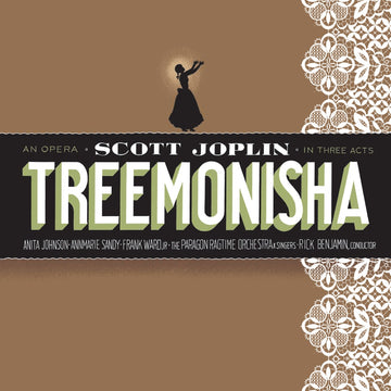 Cover art for the CD of Scott Joplin's opera 'Treemonisha' featuring text and a silhouette of a female figure against a brown background with decorative elements. The design of this album package, including the cover, is by the artist Chris Ware.