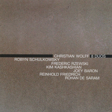 Cover art for the album 'Christian Wolff: 8 Duos' featuring text that lists the musicians involved in the project. The background is a simple, dark color providing a contrast for the white and lighter gray text.
