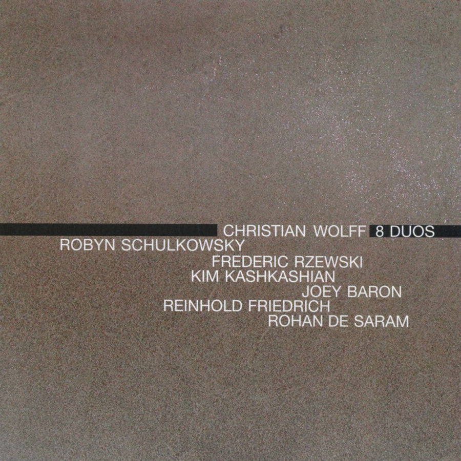 Cover art for the album 'Christian Wolff: 8 Duos' featuring text that lists the musicians involved in the project. The background is a simple, dark color providing a contrast for the white and lighter gray text.