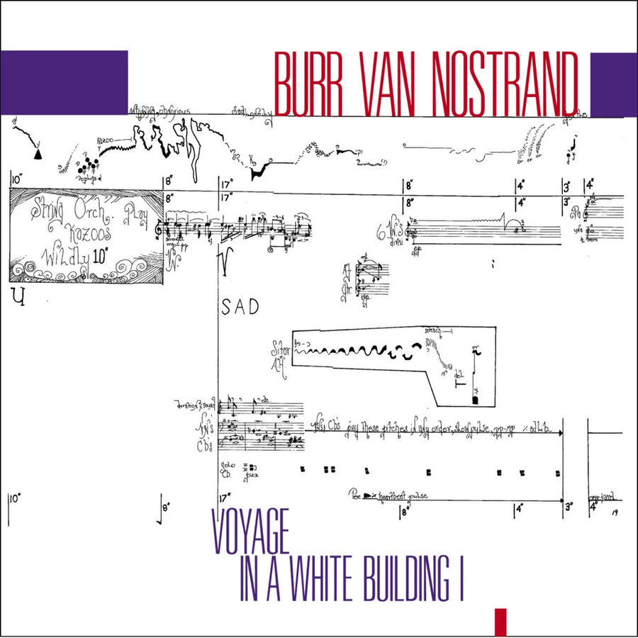 CD cover art for 'Burr Van Nostrand: Voyage in a White Building I' featuring a graphical representation of musical notation.