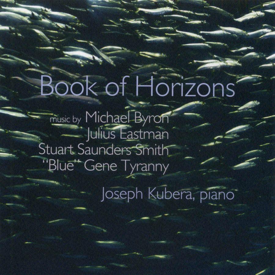 Cover of the 'Book of Horizons' CD featuring Joseph Kubera playing the piano, with a background of what appears to be fish swimming in water.