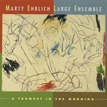CD cover art for 'A Trumpet in the Morning' featuring a abstract painting with human-like figures in various colors on a beige background.