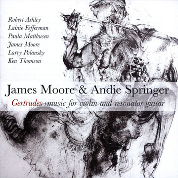 Album cover art featuring a graphic of a person playing a violin with a guitar in the background, alongside text that includes the artists' names and the title 'Gertrudes'.