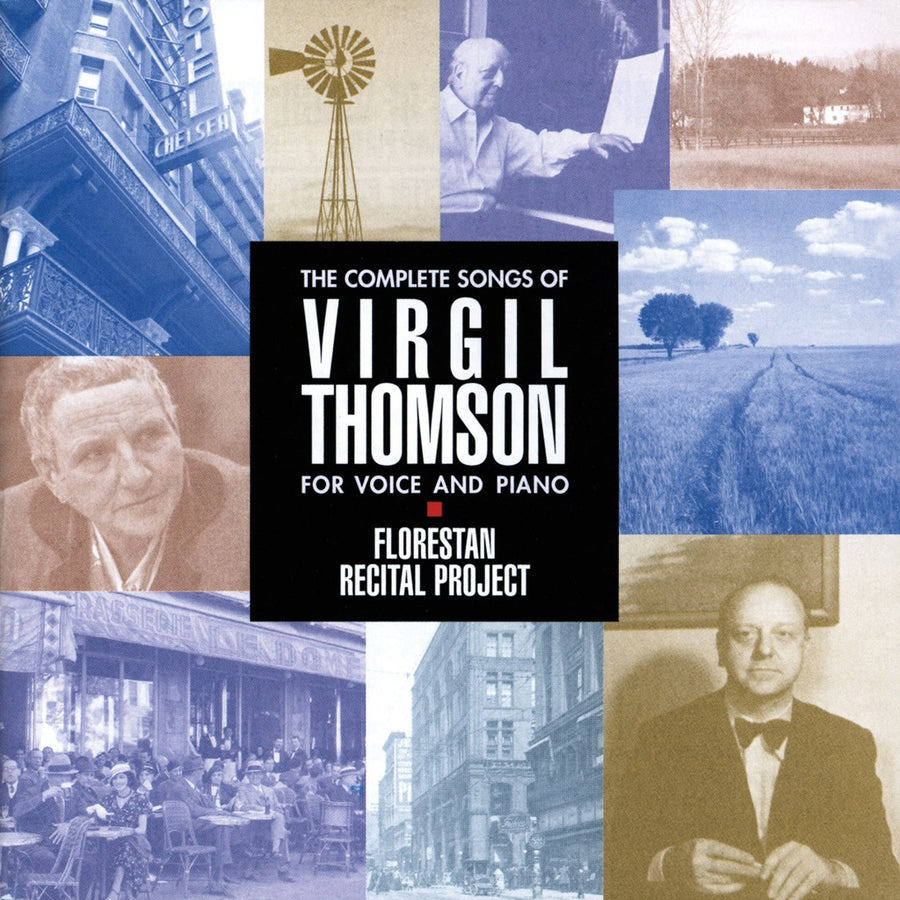 CD cover for 'The Complete Songs of Virgil Thomson for voice and piano' featuring a collage of black and white photographs and images related to Virgil Thomson, including landscapes and buildings.