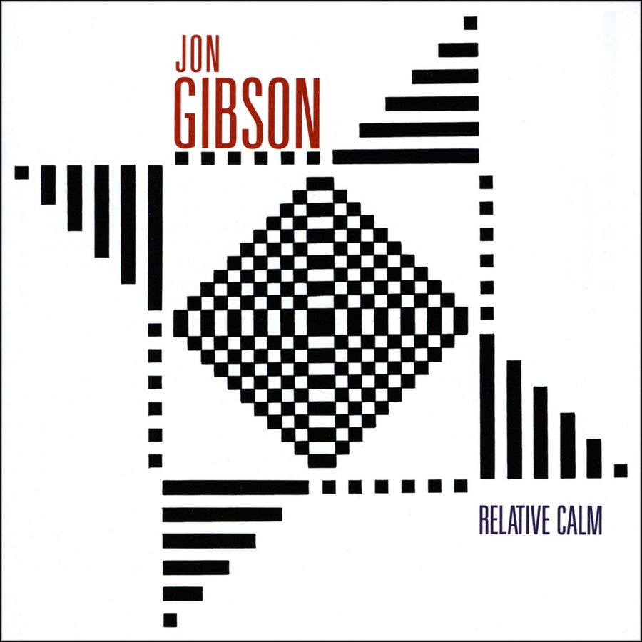 Album cover for Jon Gibson's Relative Calm featuring a black and white geometric design.