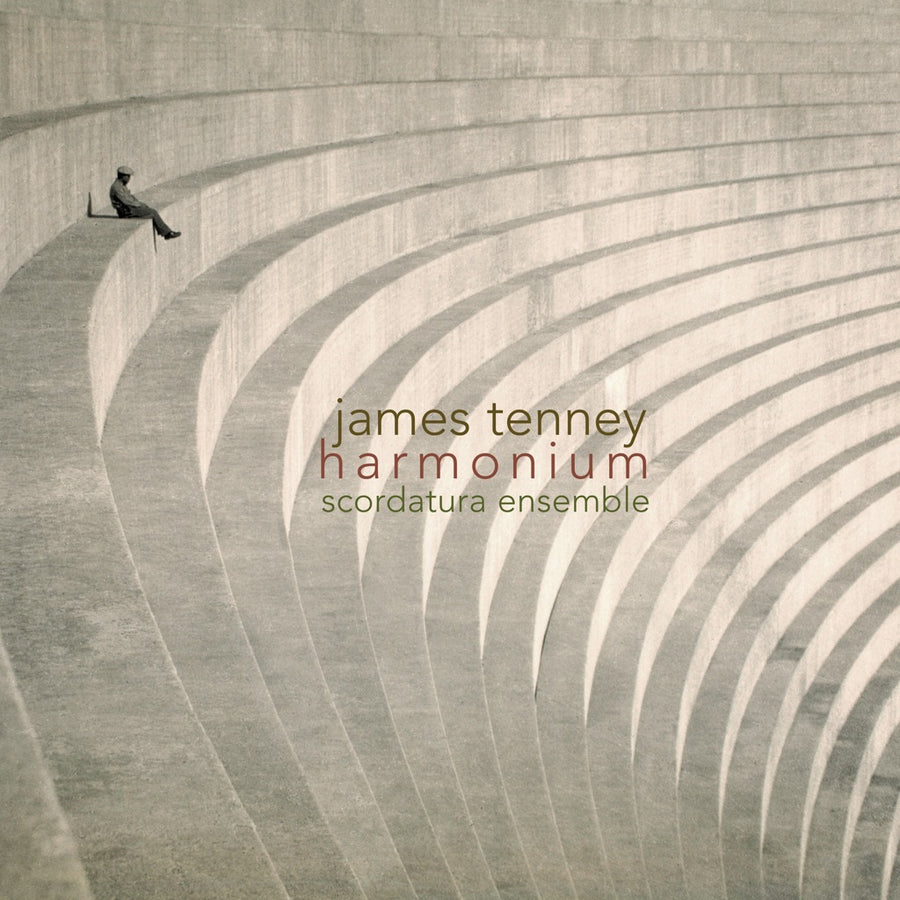 Album cover featuring a person sitting on a bench looking out over a large, open space with curved lines in the background, with the text 'james tenney harmonium scordatura ensemble'.