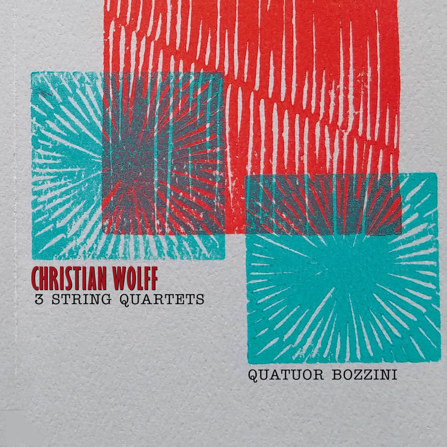 Cover of the album 'Christian Wolff: 3 String Quartets' by Quatuor Bozzini, featuring geometric patterns in red and blue on a black background.