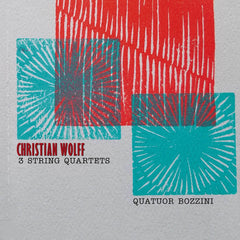 Cover of the album 'Christian Wolff: 3 String Quartets' by Quatuor Bozzini, featuring geometric patterns in red and blue on a black background.
