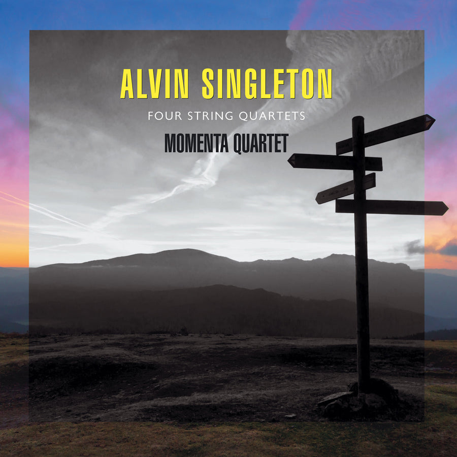 Cover art for Alvin Singleton: Four String Quartets featuring the Momenta Quartet. The image depicts a signpost with multiple directional signs against a landscape backdrop.