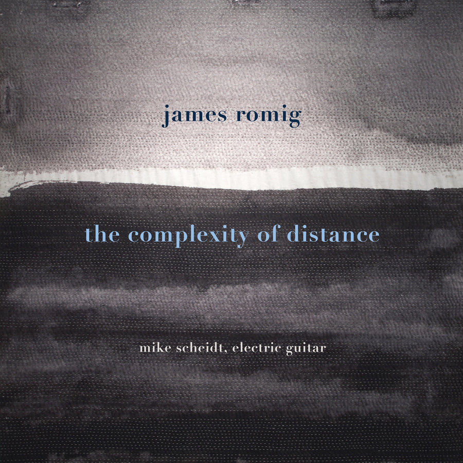 Album cover for 'The Complexity of Distance' by James Romig featuring a text overlay with the artist's name and the title of the album, set against a dark background with abstract patterns.