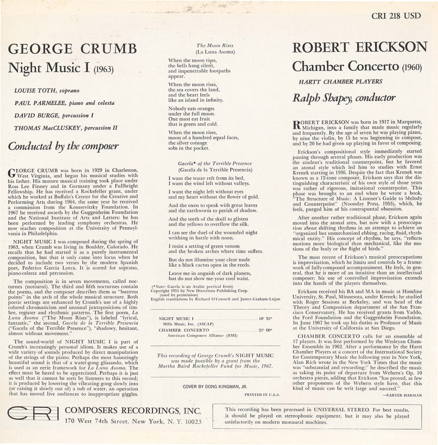 George Crumb: Night Music I/Robert Erickson: Chamber Concerto