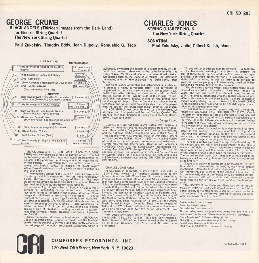 George Crumb: Black Angels/Charles Jones: String Quartet No. 6 & Sonatina for Violin & Piano