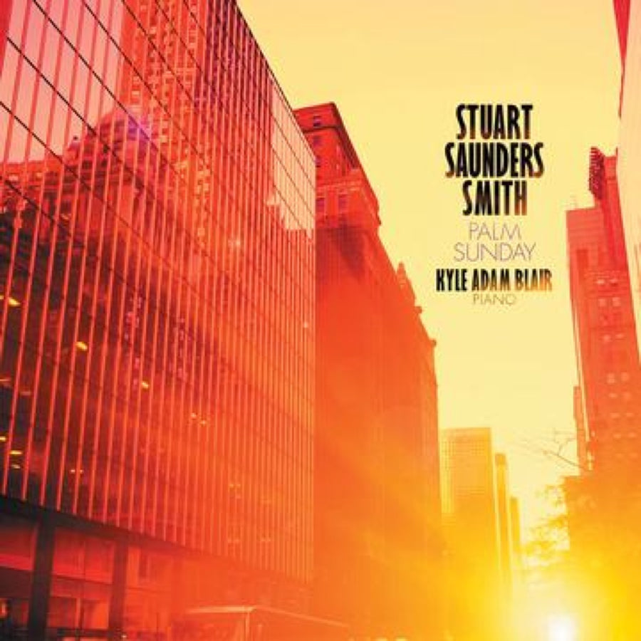 Cover art for album entitled Palm Sunday by Stuart Saunders Smith. It features an image of office and apartment buildings on a city street, awash in sun.