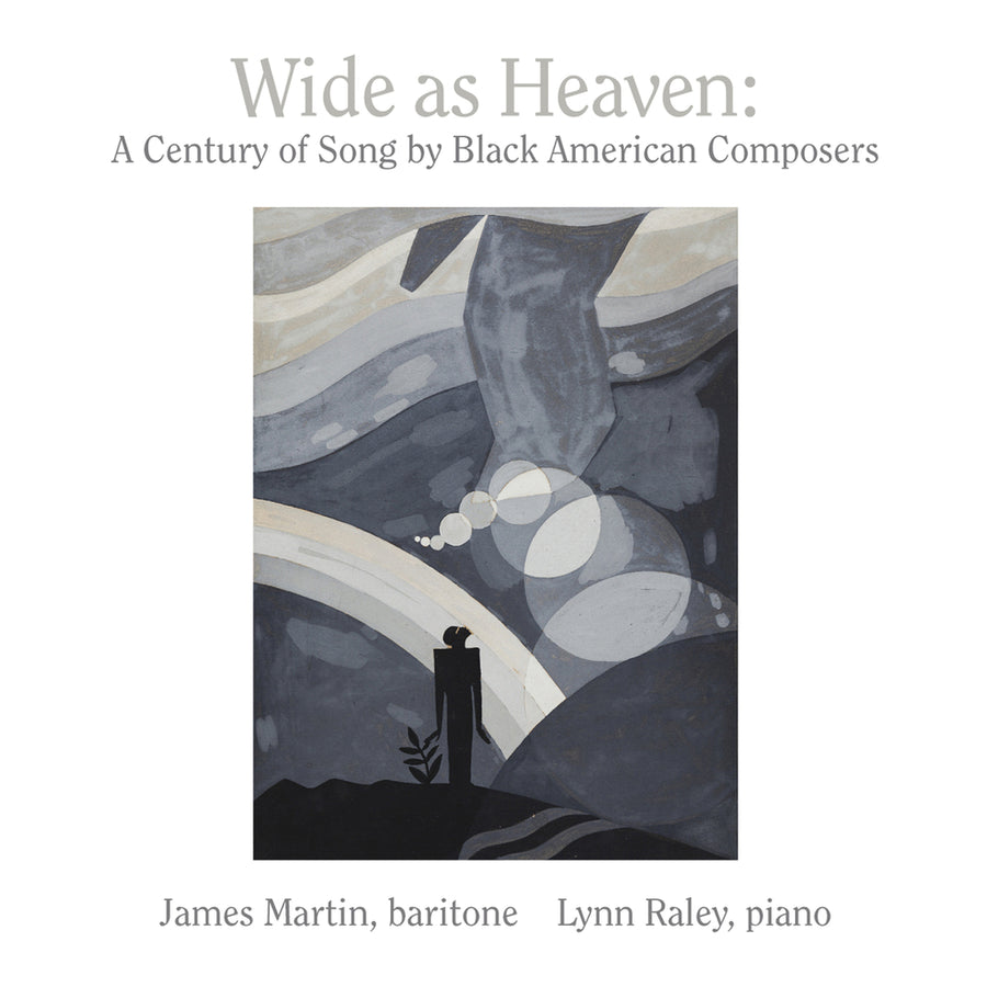 Album cover for 'Wide as Heaven: A Century of Song by Black American Composers' featuring a stylized black and white illustration of a figure looking towards the sky, with James Martin, baritone, and Lynn Raley, piano, credited.